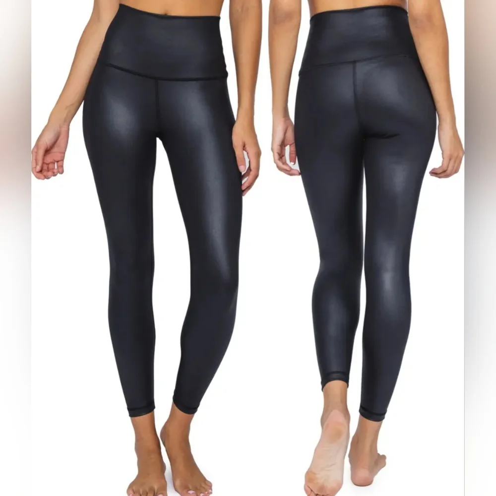 90 Degree By Reflex Womens High Waist Leggings - Faux Leather Black - Picture 1 of 6